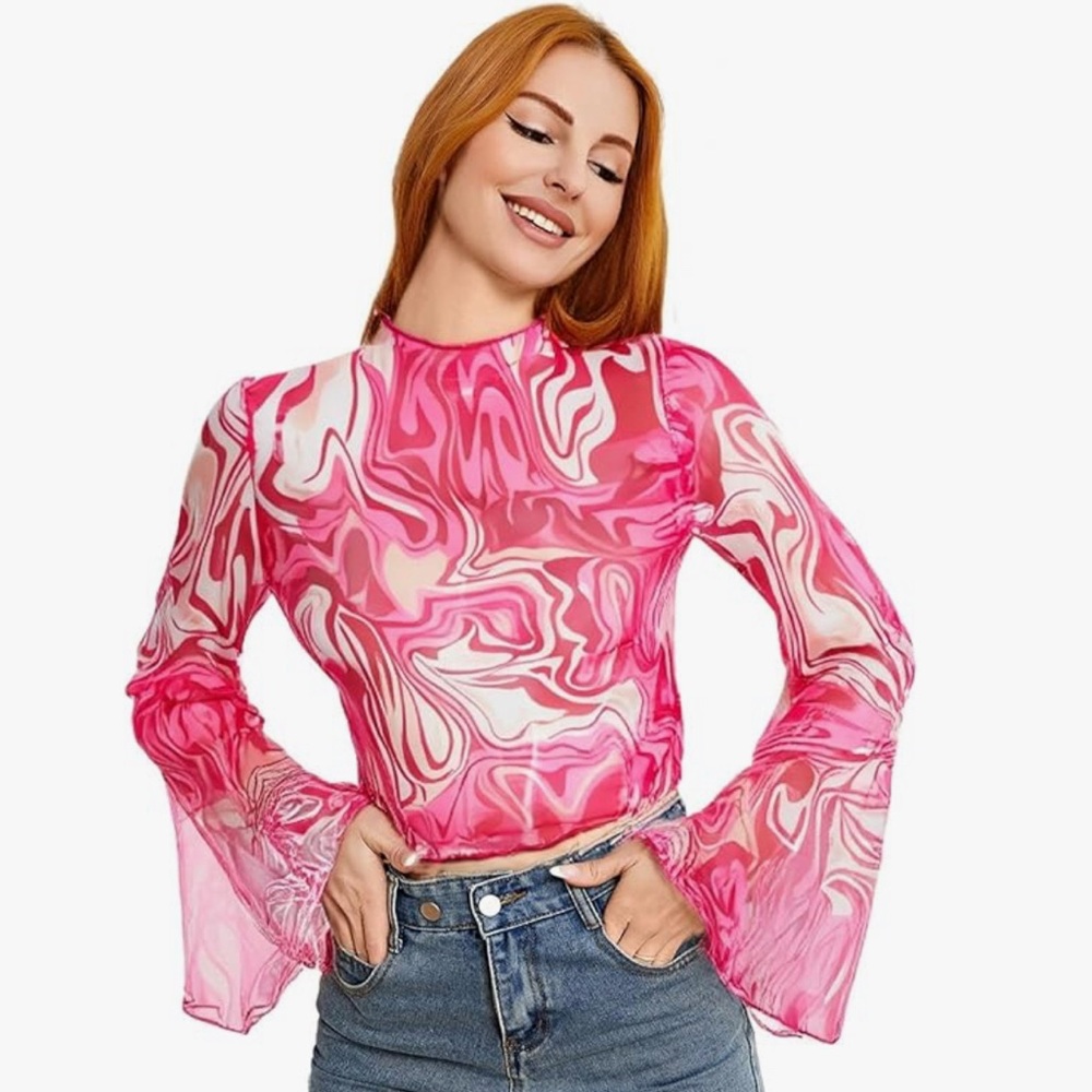 Pink Marble Long Bell Sleeve Mesh Top